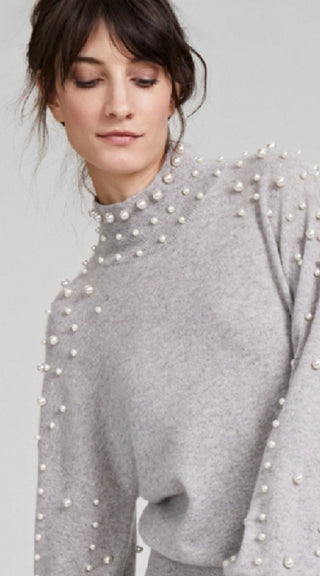 Suéter feminino de cashmere com pérolas e gola simulada, cinza, tamanho médio, Charter Club