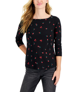 Charter Club Blusa feminina de algodão com estampa floral e gola canoa, preta, tamanho pequeno, extrapequeno