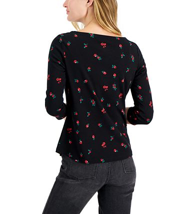 Charter Club Blusa feminina de algodão com estampa floral e gola canoa, preta, tamanho pequeno, extrapequeno