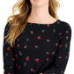 Charter Club Blusa feminina de algodão com estampa floral e gola canoa, preta, tamanho pequeno, extrapequeno