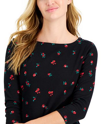 Charter Club Blusa feminina de algodão com estampa floral e gola canoa, preta, tamanho pequeno, extrapequeno