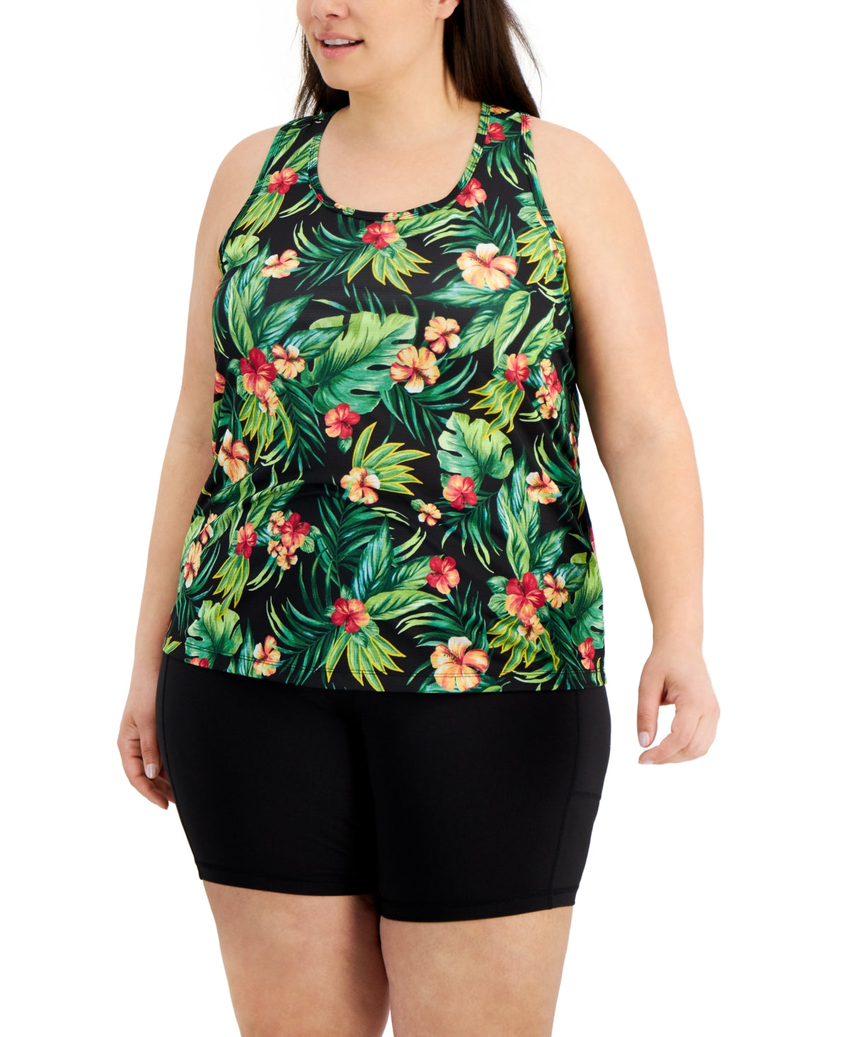 Id Ideology Regata feminina texturizada com estampa tropical tamanho grande