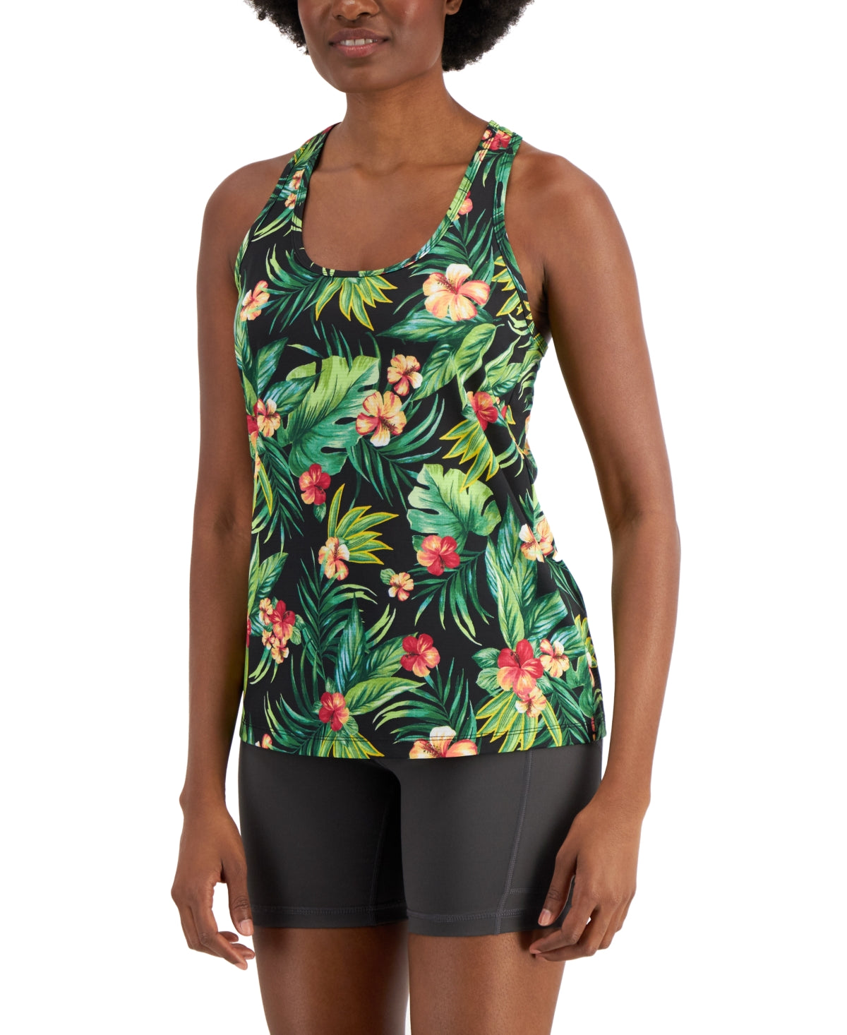ID Ideology Camiseta regata feminina com estampa tropical, preta, tamanho extragrande
