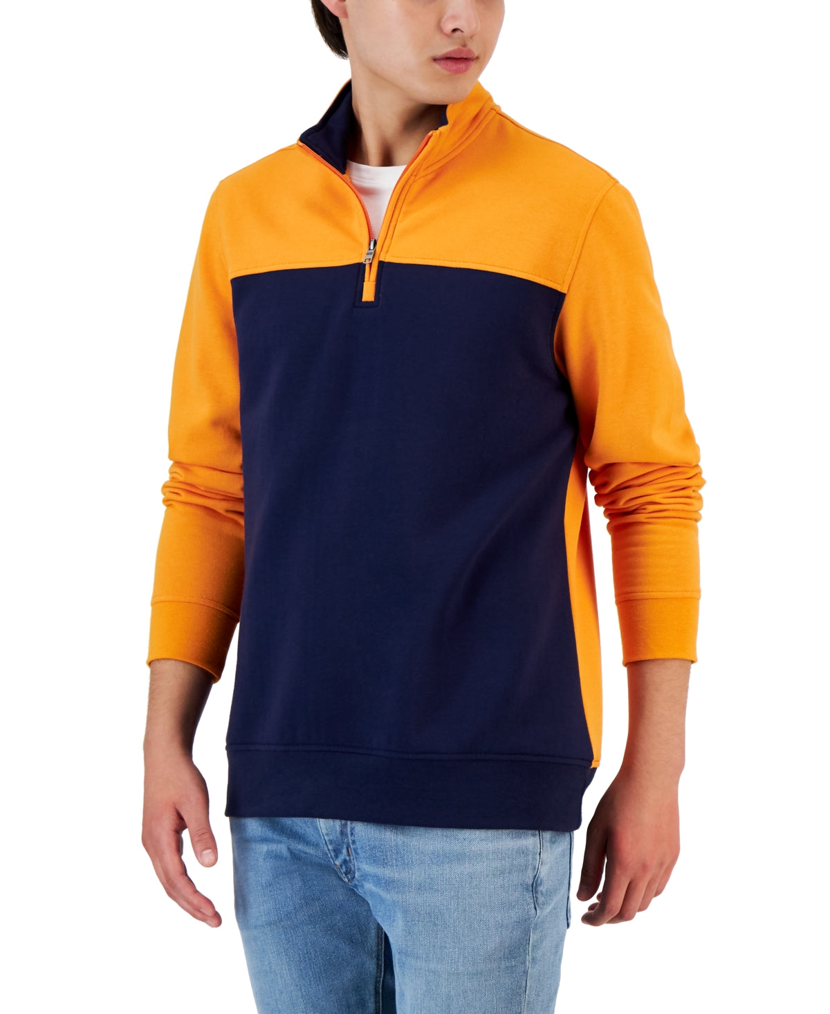 Suéter de lã com zíper de um quarto e blocos de cores masculinos Club Room, laranja, tamanho grande