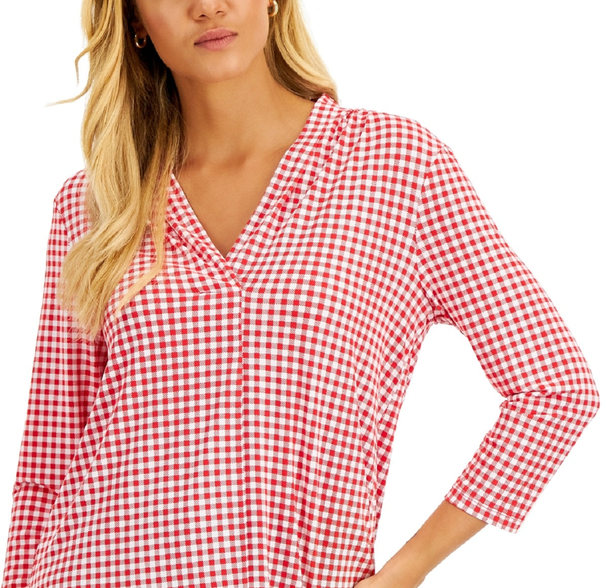 Top feminino Charter Club com decote em V e manga 3/4, vermelho, tamanho pequeno, extrapequeno