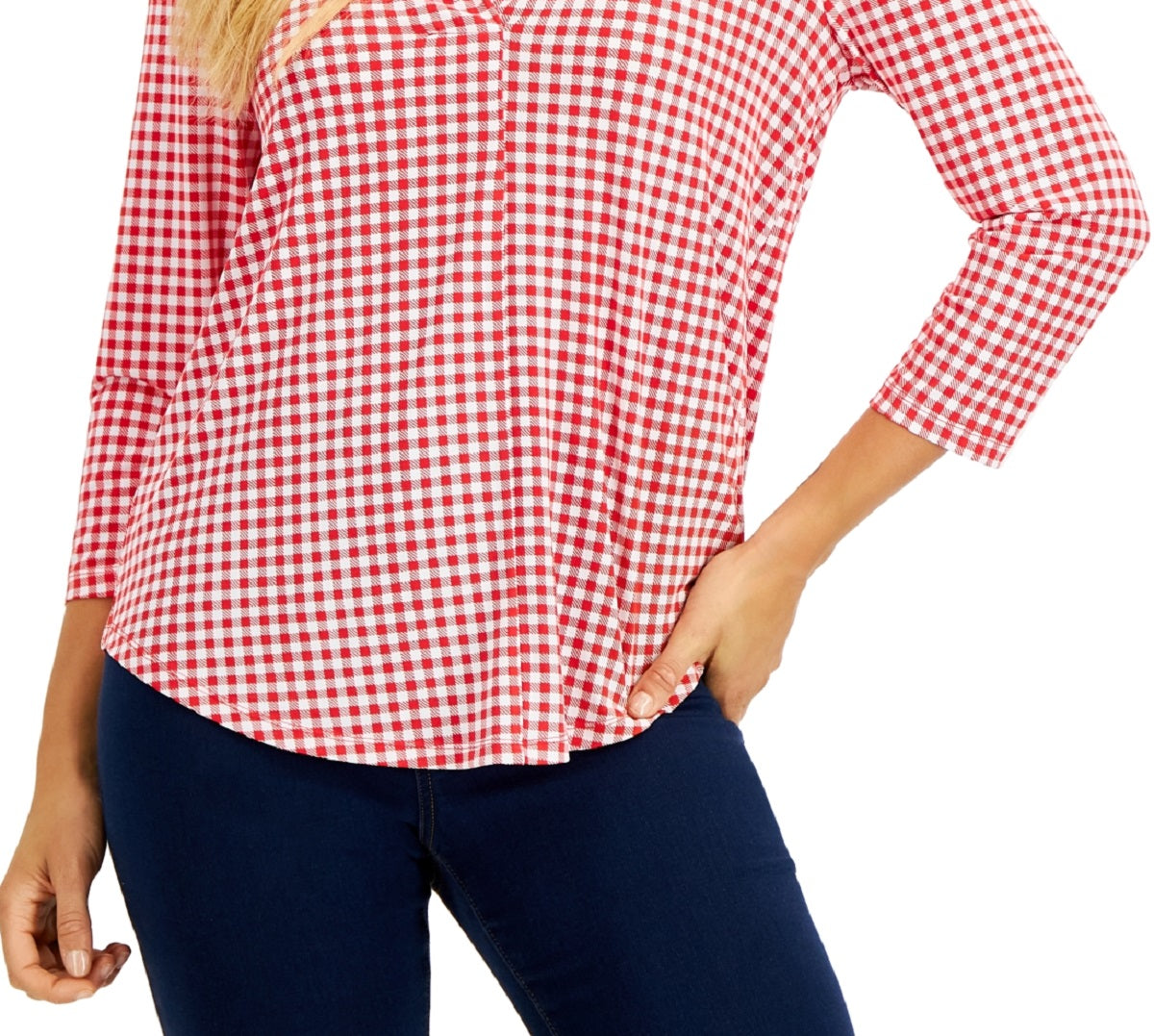 Top feminino Charter Club com decote em V e manga 3/4, vermelho, tamanho pequeno, extrapequeno