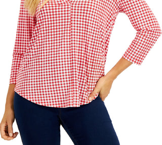 Top feminino Charter Club com decote em V e manga 3/4, vermelho, tamanho pequeno, extrapequeno