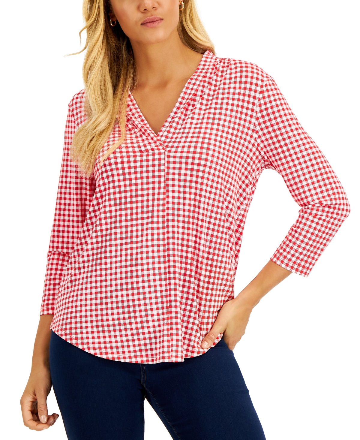 Top feminino Charter Club com decote em V e manga 3/4, vermelho, tamanho pequeno, extrapequeno