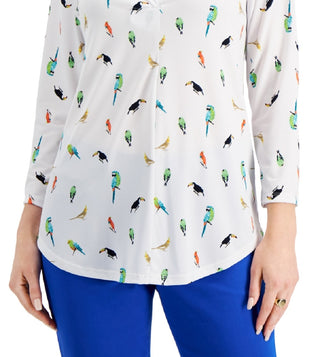 Blusa feminina Charter Club Jungle Bird, branca, tamanho pequeno e pequeno