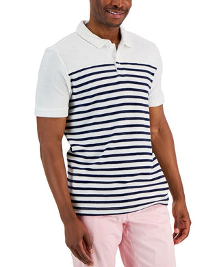 Club Room Men's Slim Reverse Terry Stripe Print Polo T-Shirt White Size Medium