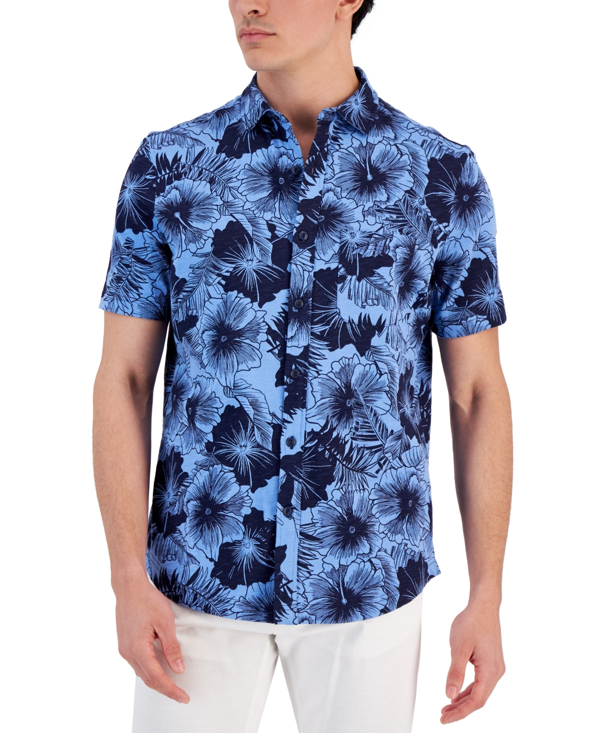 Camisa Masculina Club Room Regular Fit Estampada Floral Azul Tamanho X-G