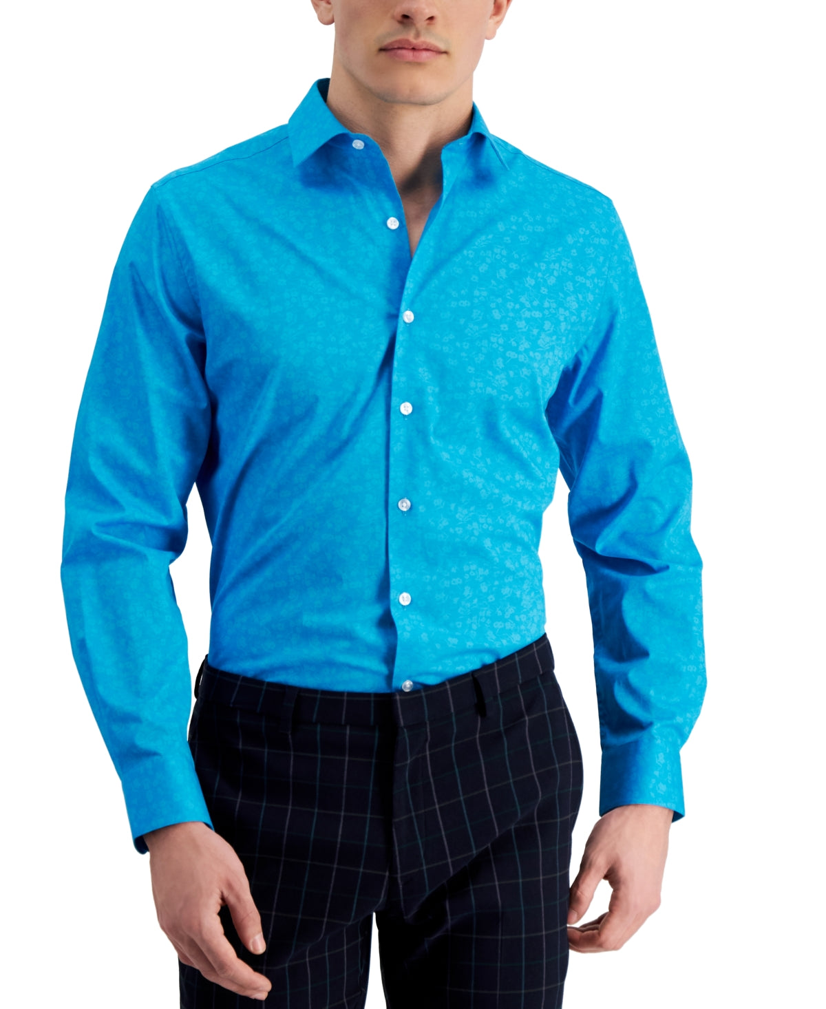 Camisa social masculina Bar III Slim Flit Floral Stretch Azul Tamanho P