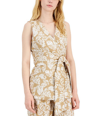 Blusa feminina Alfani sem mangas com amarração frontal, marrom, tamanho médio