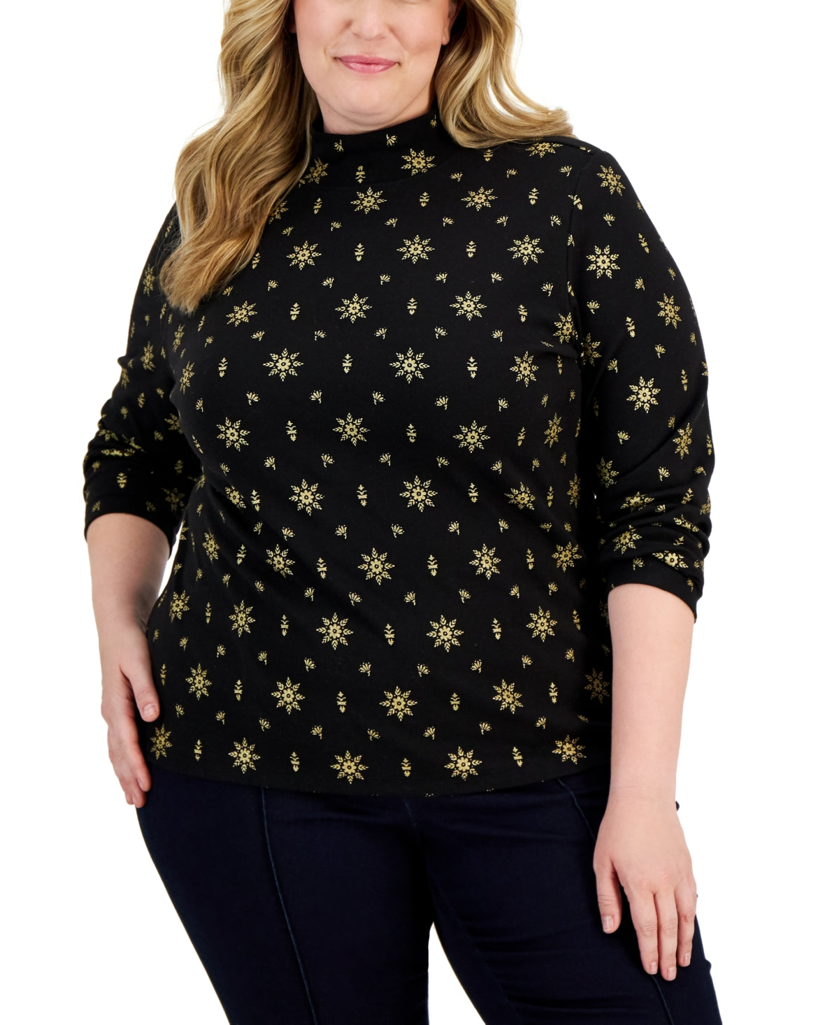 Blusa feminina Karen Scott com estampa de gola falsa e estampa de Natal, preta, tamanho 0X