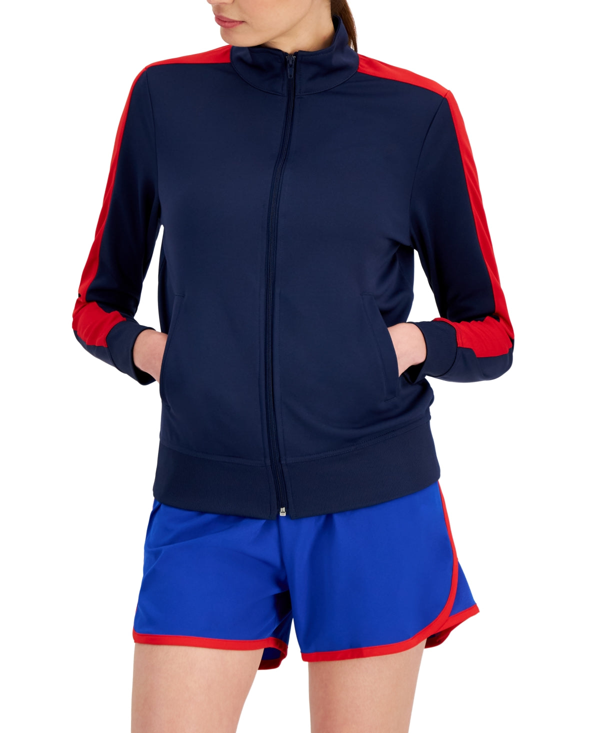 ID Ideology Jaqueta de corrida feminina com zíper e manga listrada, azul, tamanho médio