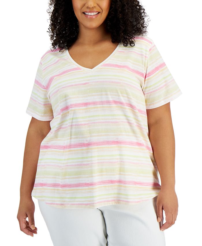 Camiseta feminina listrada de algodão estilo &amp; co rosa tamanho 3X