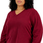 Karen Scott Blusa feminina de micro lã com decote em V, vermelha, tamanho 3X