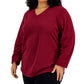 Karen Scott Blusa feminina de micro lã com decote em V, vermelha, tamanho 3X