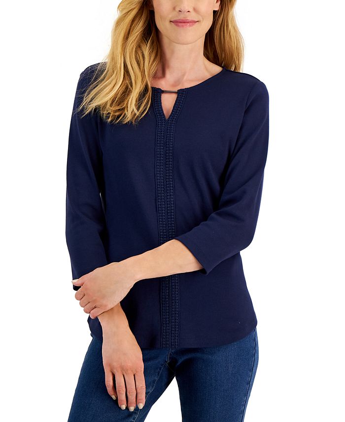 Karen Scott Blusa Feminina Manga 3/4 Crochê Detalhe Azul Tamanho X-G