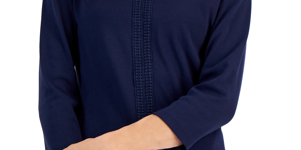 Karen Scott Blusa Feminina Manga 3/4 Crochê Detalhe Azul Tamanho X-G