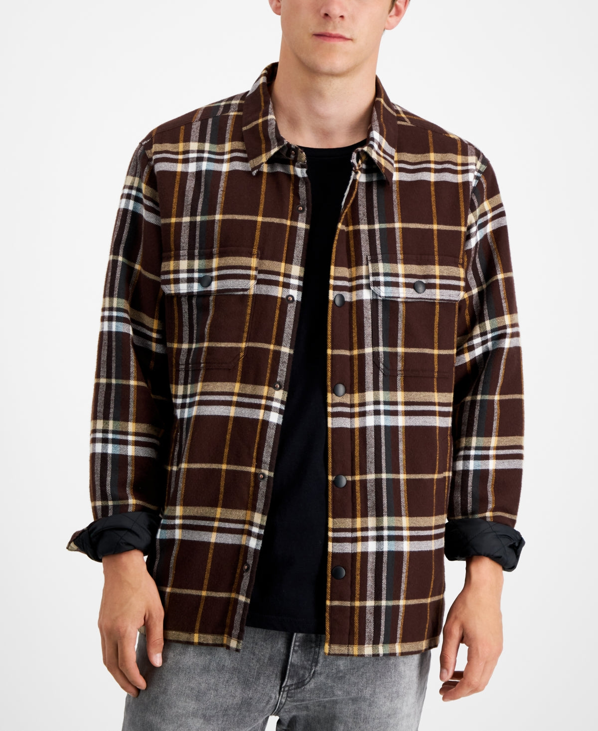 Camisa de flanela Randy masculina Sun + Stone, marrom, tamanho médio