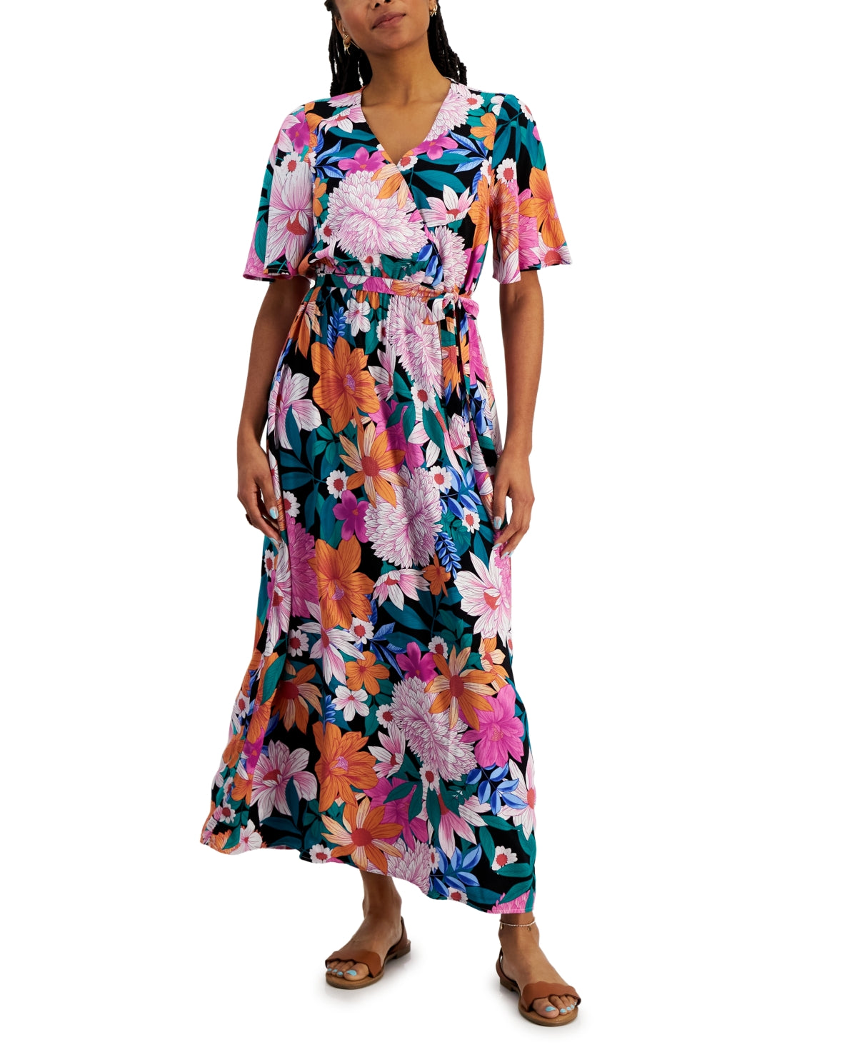 Vestido longo feminino estampado com sobrepeliz INC International Concepts, preto, tamanho pequeno M
