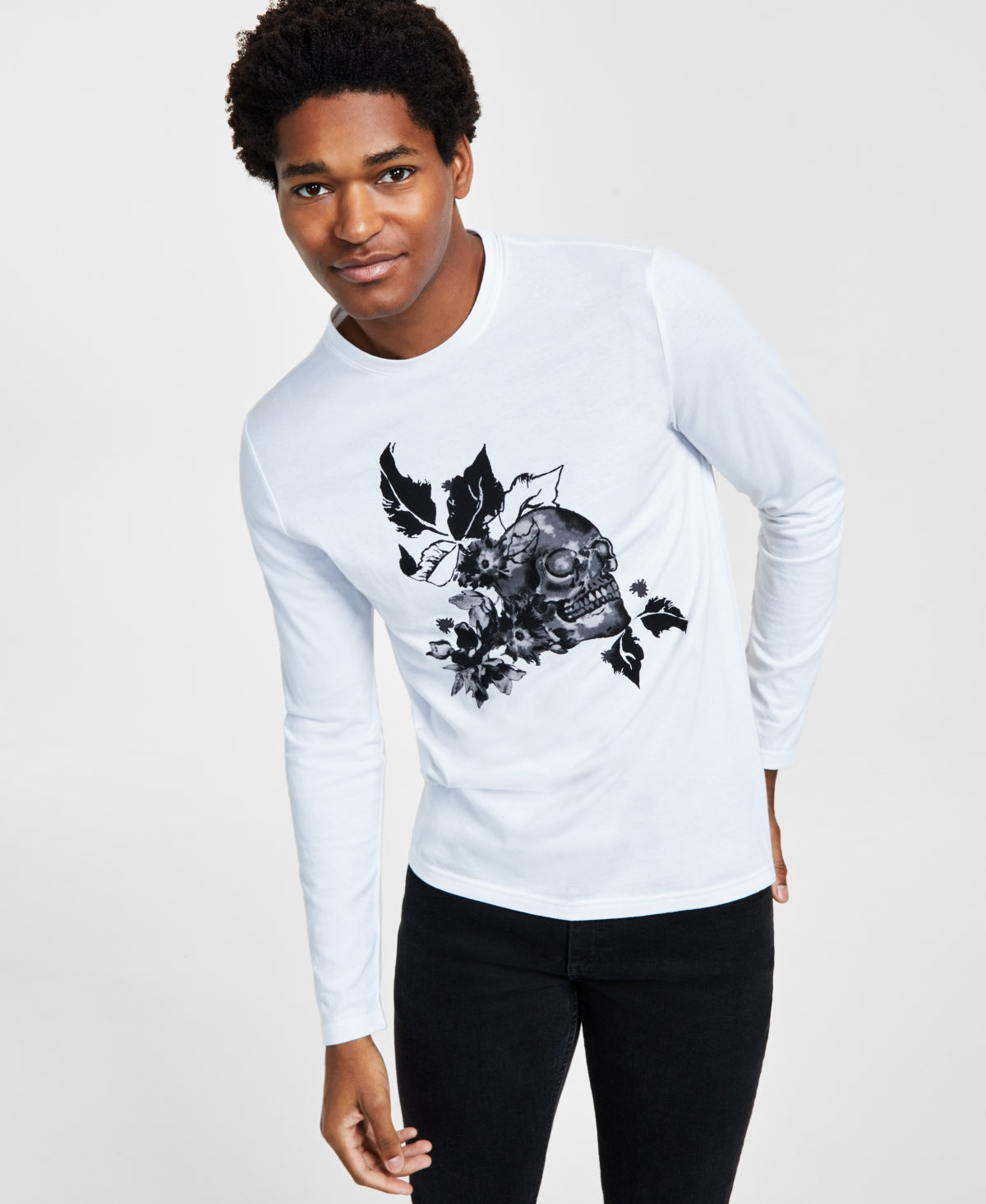 INC International Concepts Camiseta masculina Devon Classic Fit com estampa de caveira floral e manga comprida, branca, tamanho grande