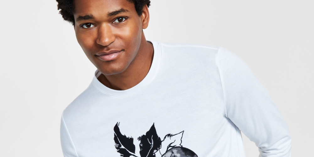 INC International Concepts Camiseta masculina Devon Classic Fit com estampa de caveira floral e manga comprida, branca, tamanho grande