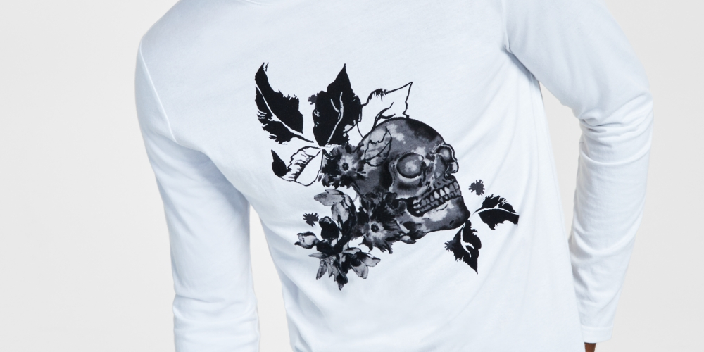 INC International Concepts Camiseta masculina Devon Classic Fit com estampa de caveira floral e manga comprida, branca, tamanho grande