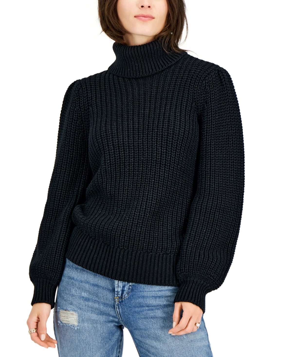 Suéter feminino de gola alta com manchas metálicas da INC International Concepts, preto, tamanho médio