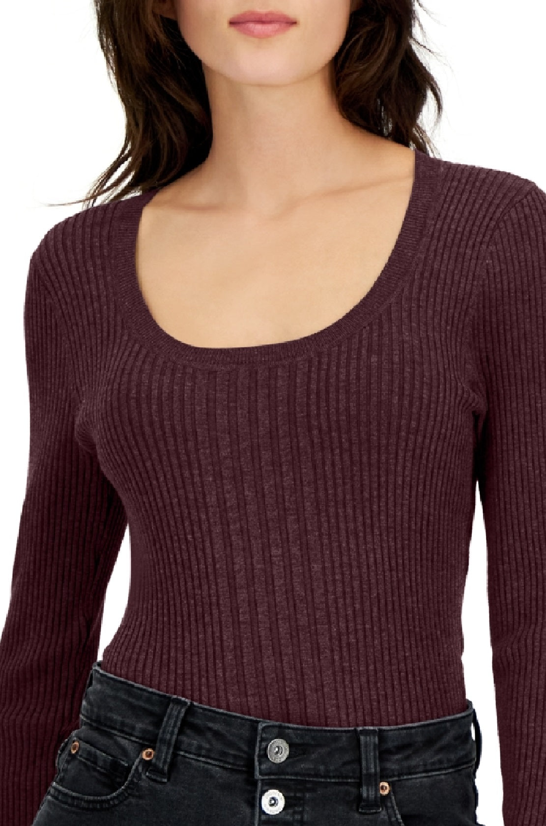 Suéter feminino canelado com decote redondo da INC International Concepts, tamanho grande, vermelho