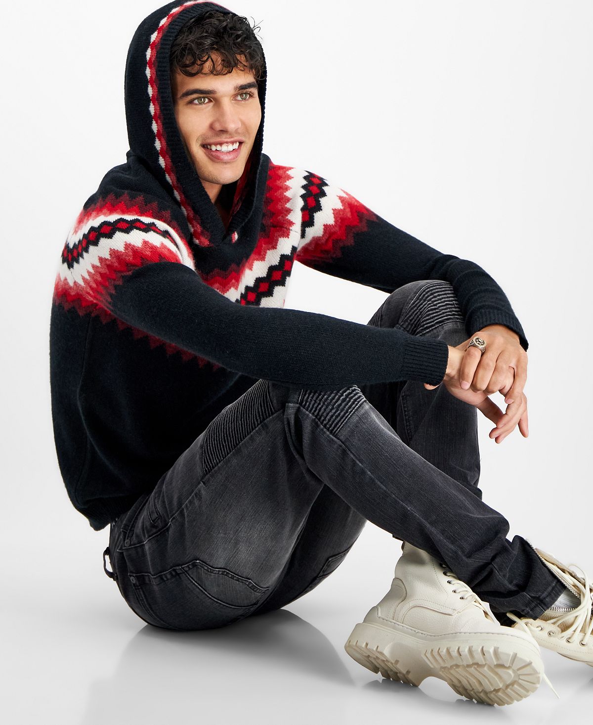 Moletom com capuz masculino de cashmere com listras geométricas, preto, tamanho grande, da INC International Concepts