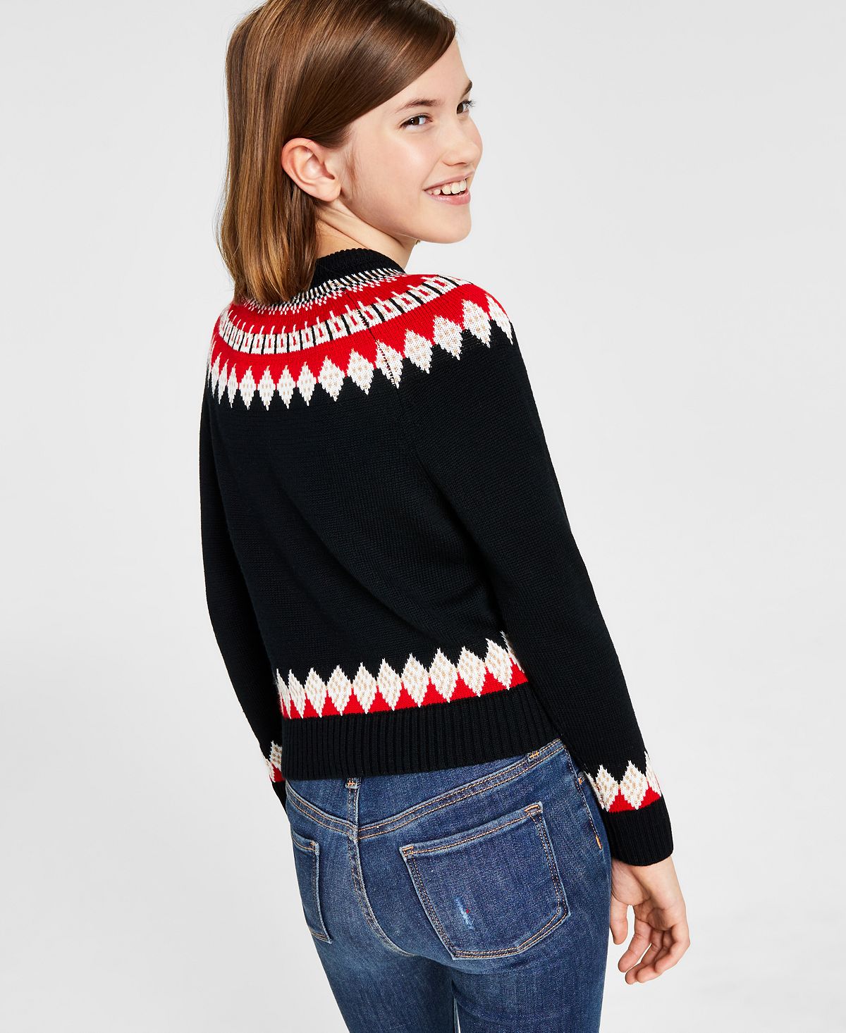 Charter Club Big Girl's Fair Isle Mock Neck Holiday Sweater Preto Tamanho Grande