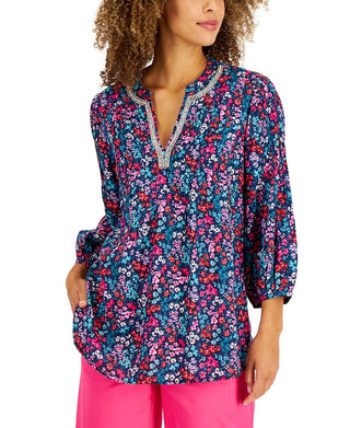 Charter Club Women's Garden Print Linen Tunic Blue Size X-Large