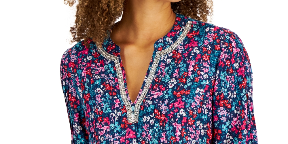 Túnica de linho estampada para jardim feminina Charter Club, azul, tamanho extragrande