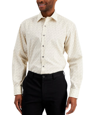 Alfani Men's Regular Fit Traveler Stretch Geo Print Dress Shirt Brown Size 32X33