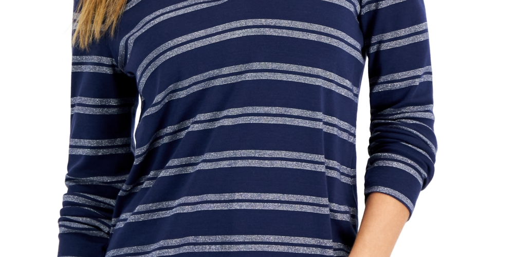 Blusa feminina Charter Club com gola dividida e gola alta, azul, tamanho grande