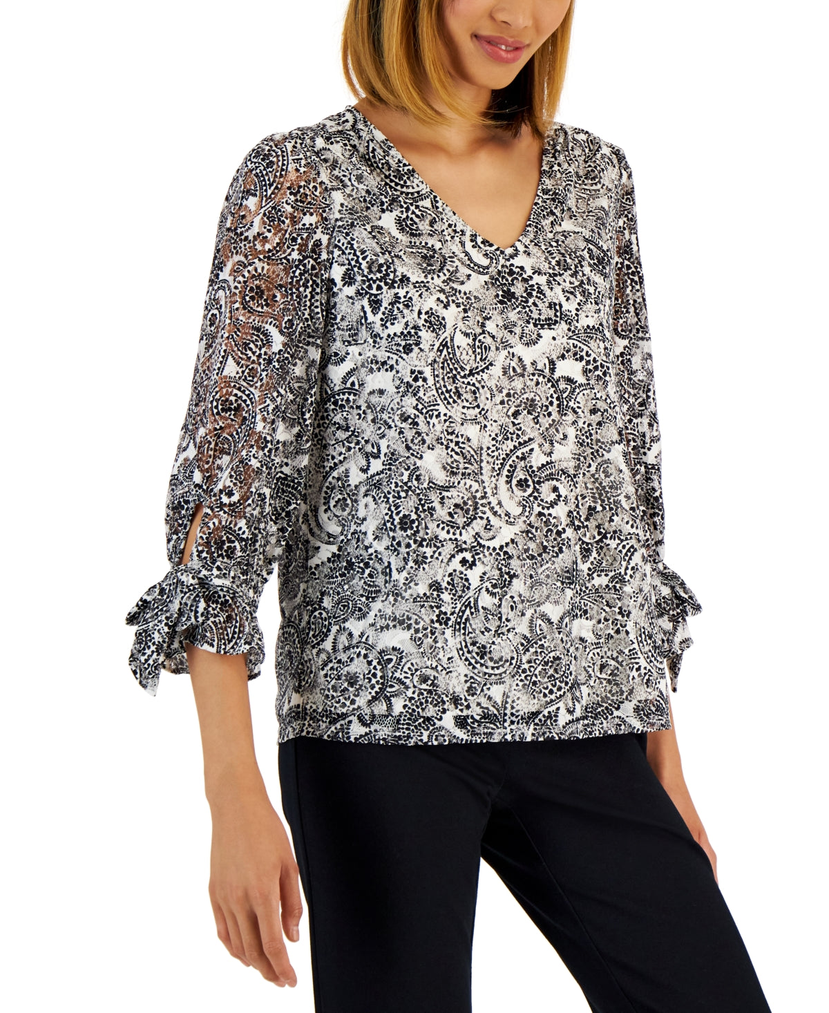 Top de renda com estampa paisley feminino Charter Club, preto, tamanho médio