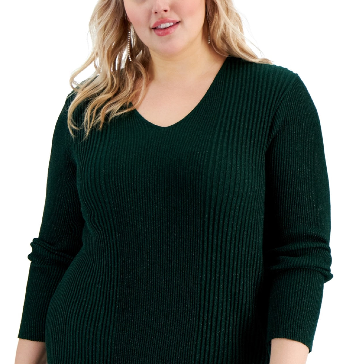 Suéter Alfani Feminino com Canelado Brilhante e Gola V Verde Tamanho 3X