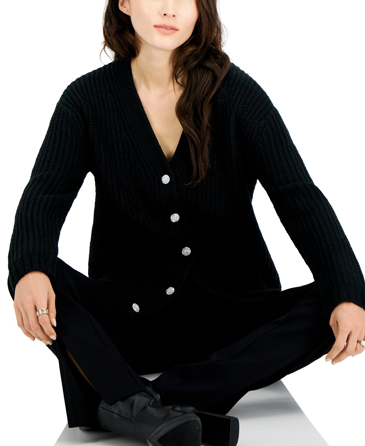 Cardigan feminino com botões de strass e botões INC International Concepts, preto, tamanho grande