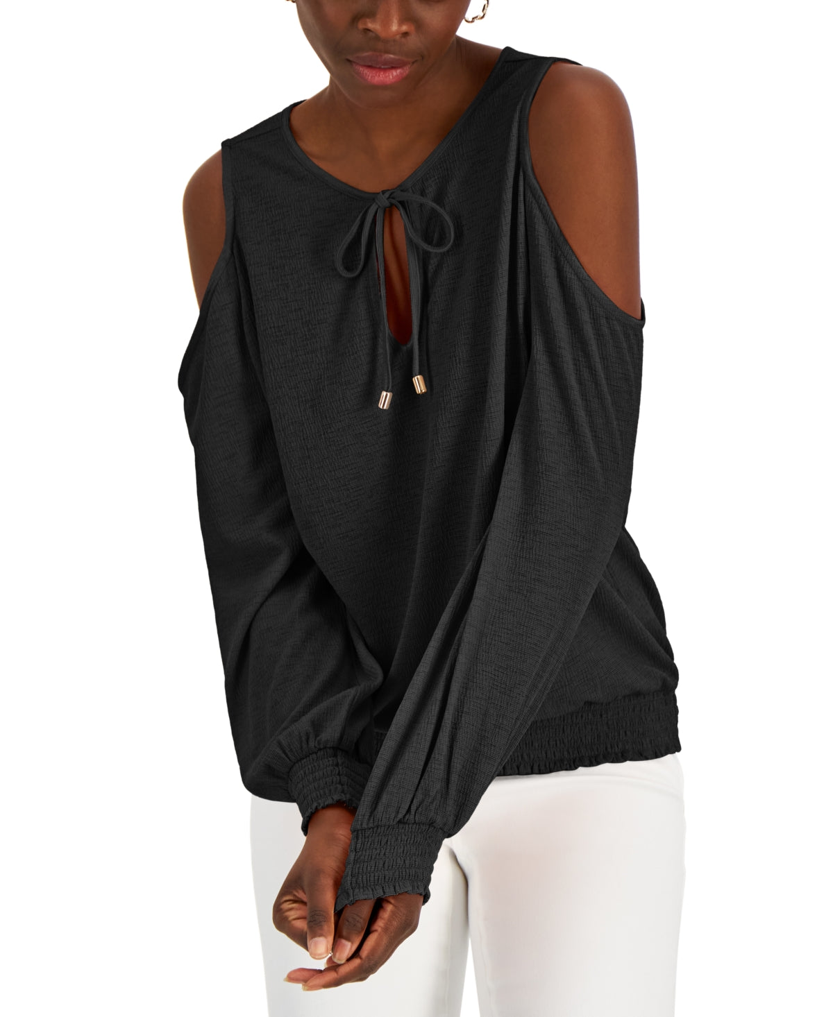 Blusa de malha feminina com ombros descobertos da INC International Concepts, preta, tamanho pequeno