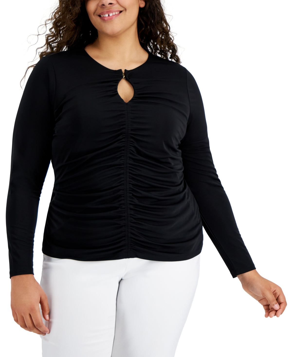 Blusa feminina com decote em V e franzido frontal, preta, tamanho 2X, da INC International Concepts
