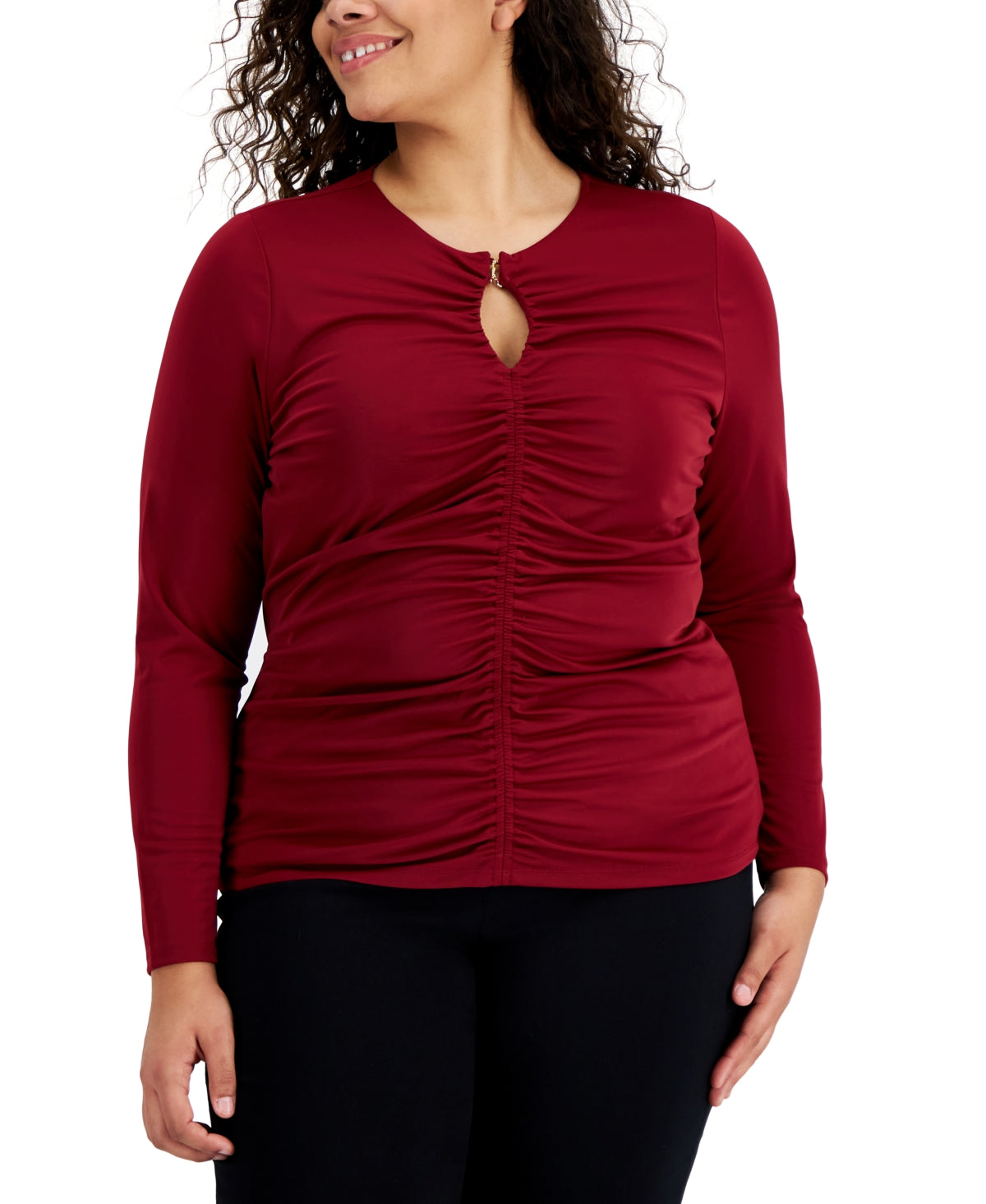 Blusa feminina com decote em V e franzido frontal, tamanho 4X, vermelha, da INC International Concepts