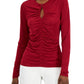 INC International Concepts Top de malha com decote em V e franzido frontal feminino, tamanho P, vermelho