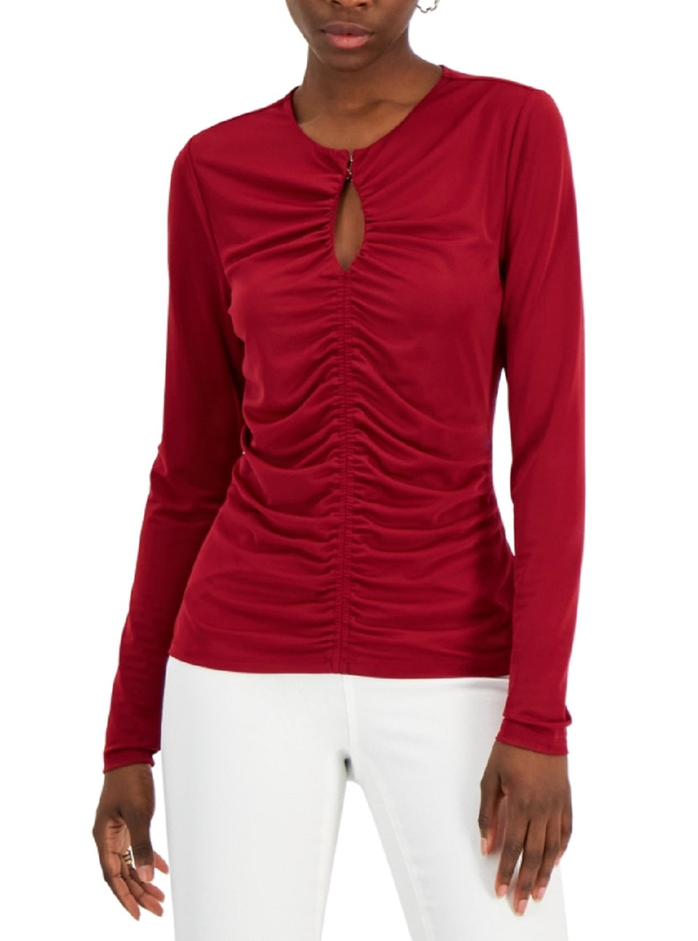 INC International Concepts Top de malha com decote em V e franzido frontal feminino, tamanho P, vermelho
