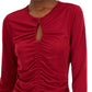 INC International Concepts Top de malha com decote em V e franzido frontal feminino, tamanho P, vermelho