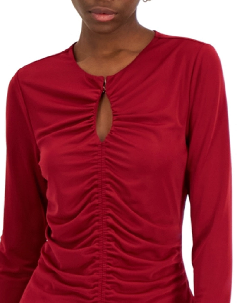 INC International Concepts Top de malha com decote em V e franzido frontal feminino, tamanho P, vermelho