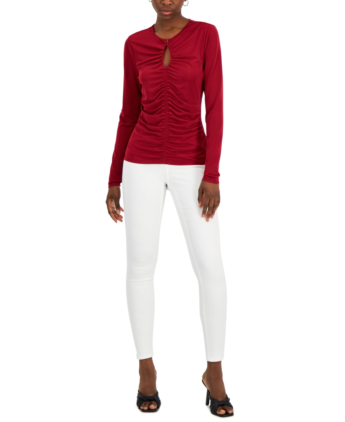 INC International Concepts Top de malha com decote em V e franzido frontal feminino, tamanho P, vermelho