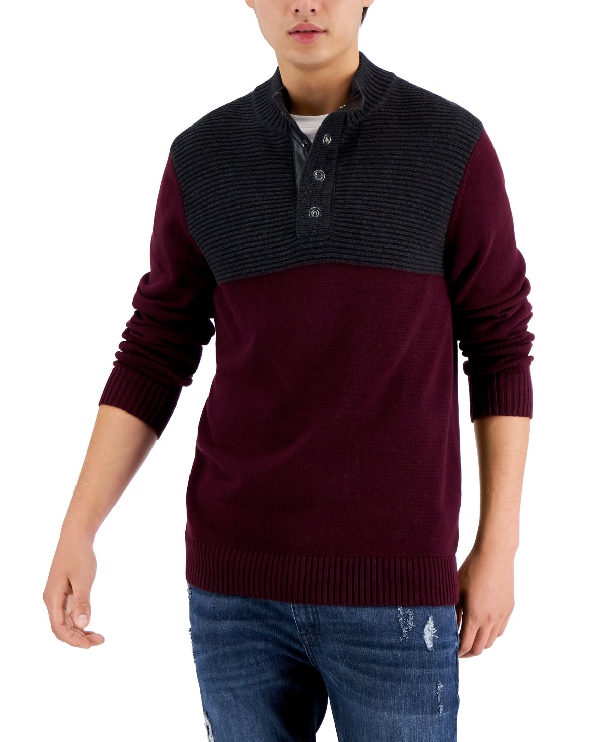 Suéter masculino com gola falsa e blocos de cores da INC International Concepts, tamanho médio, vermelho