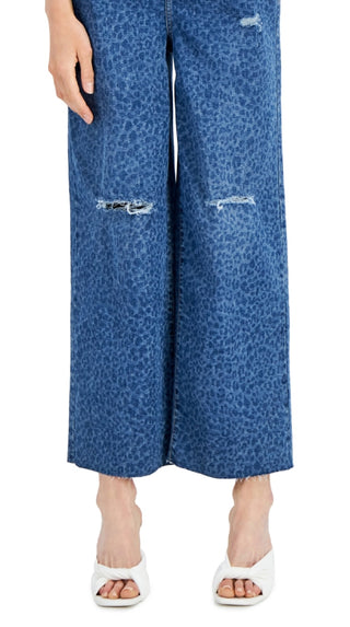 Calça jeans feminina com estampa animal e perna larga destruída da INC International Concepts, azul, tamanho 4